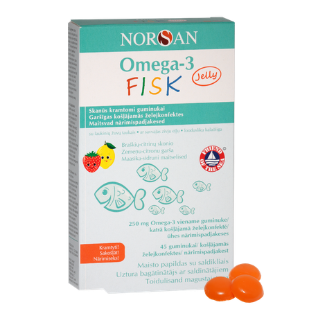 NORSAN Omega-3 Fisk Jelly Ar Zemeņu Un Citronu Garšu želejas konfektes, 45 gab.