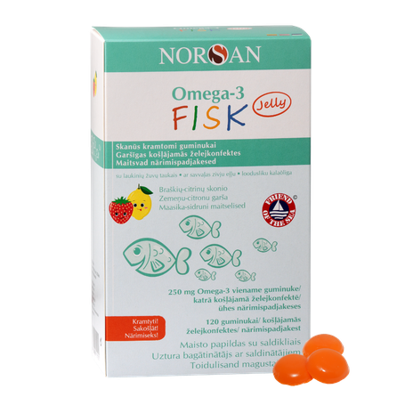 NORSAN Omega-3 Fisk Jelly Ar Zemeņu Un Citronu Garšu želejas konfektes, 120 gab.