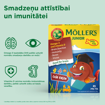 MOLLERS Junior Zivju Eļļa ar Kolas Garšu želejas zivtiņas, 45 gab.