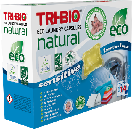 TRI-BIO Natural Sensitive kapsulas veļas mazgāšanai, 14 gab.