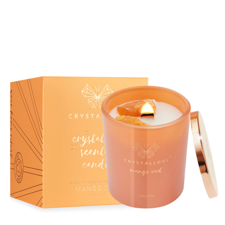 CRYSTALLOVE Calcite Soy Candle & Mango aromātiskā svece, 400 g