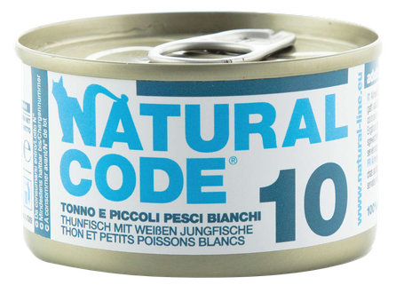 NATURAL CODE 10 Tuncis, Mazas Baltās Zivis konservi kaķiem, 85 g
